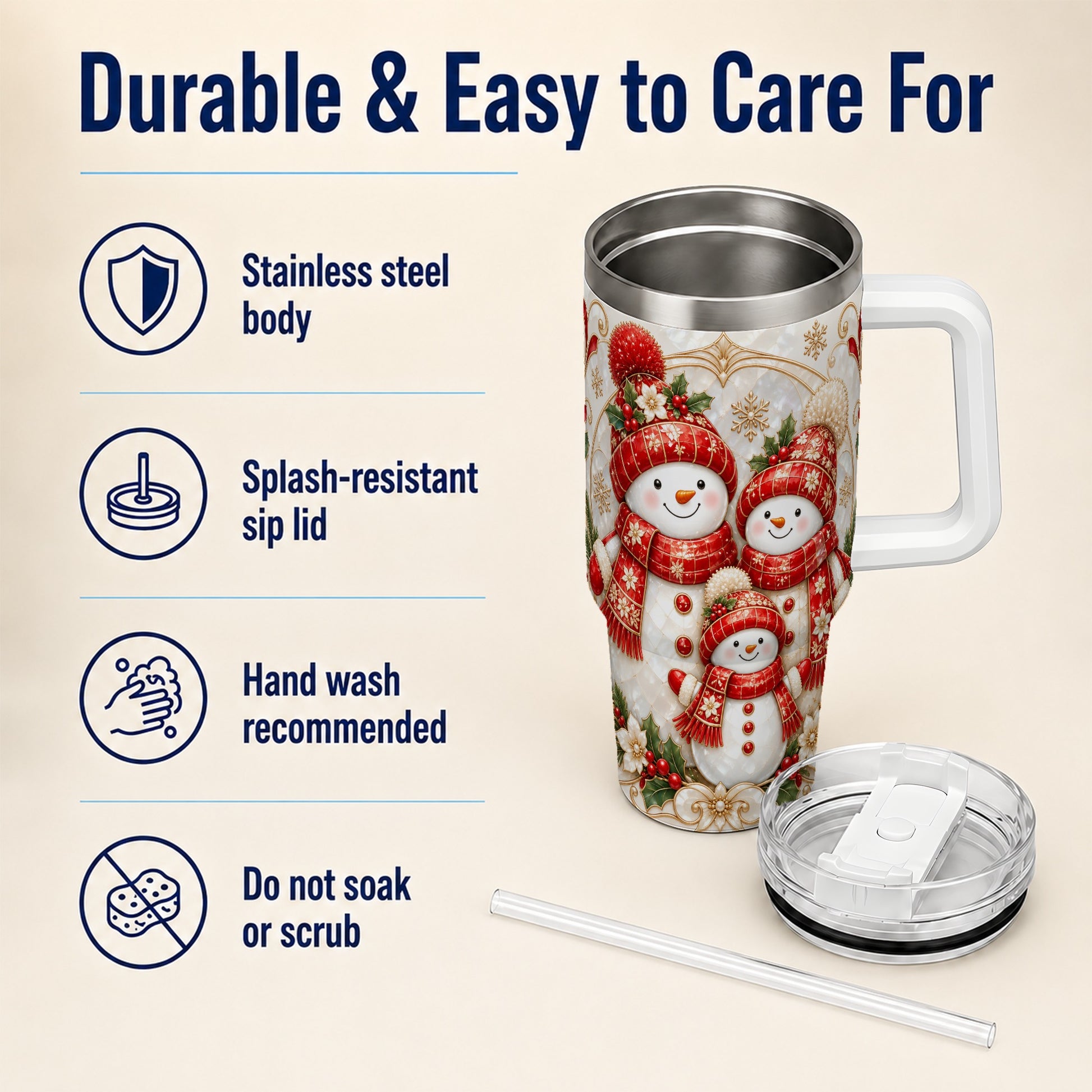 #pl[40oz|White] Snowman Family 40oz Tumbler with Handle, Christmas Stainless Steel Cup