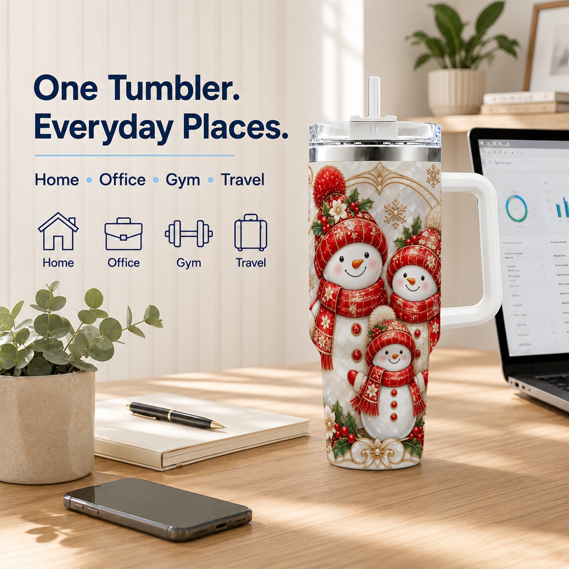 #pl[40oz|White] Snowman Family 40oz Tumbler with Handle, Christmas Stainless Steel Cup