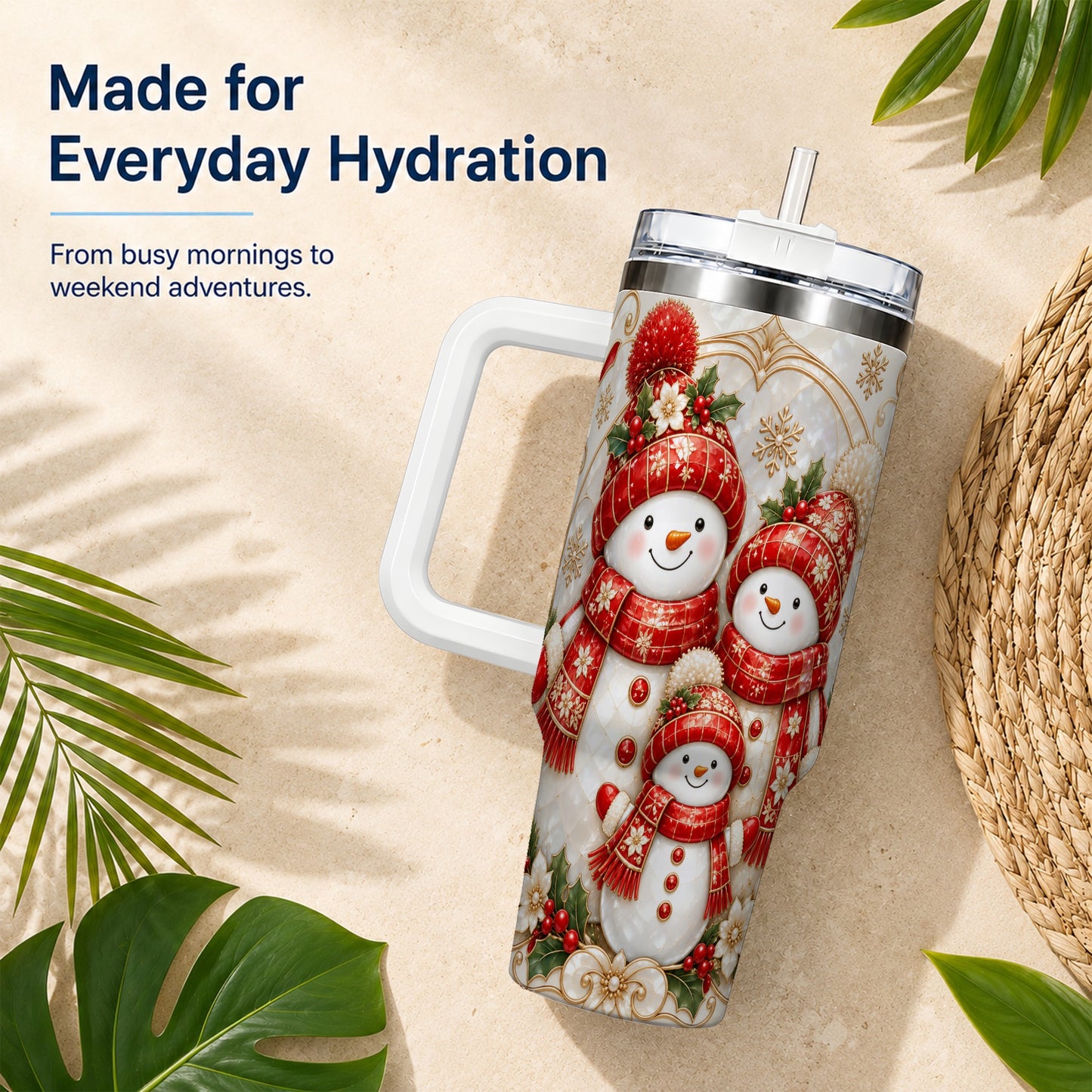#pl[40oz|White] Snowman Family 40oz Tumbler with Handle, Christmas Stainless Steel Cup