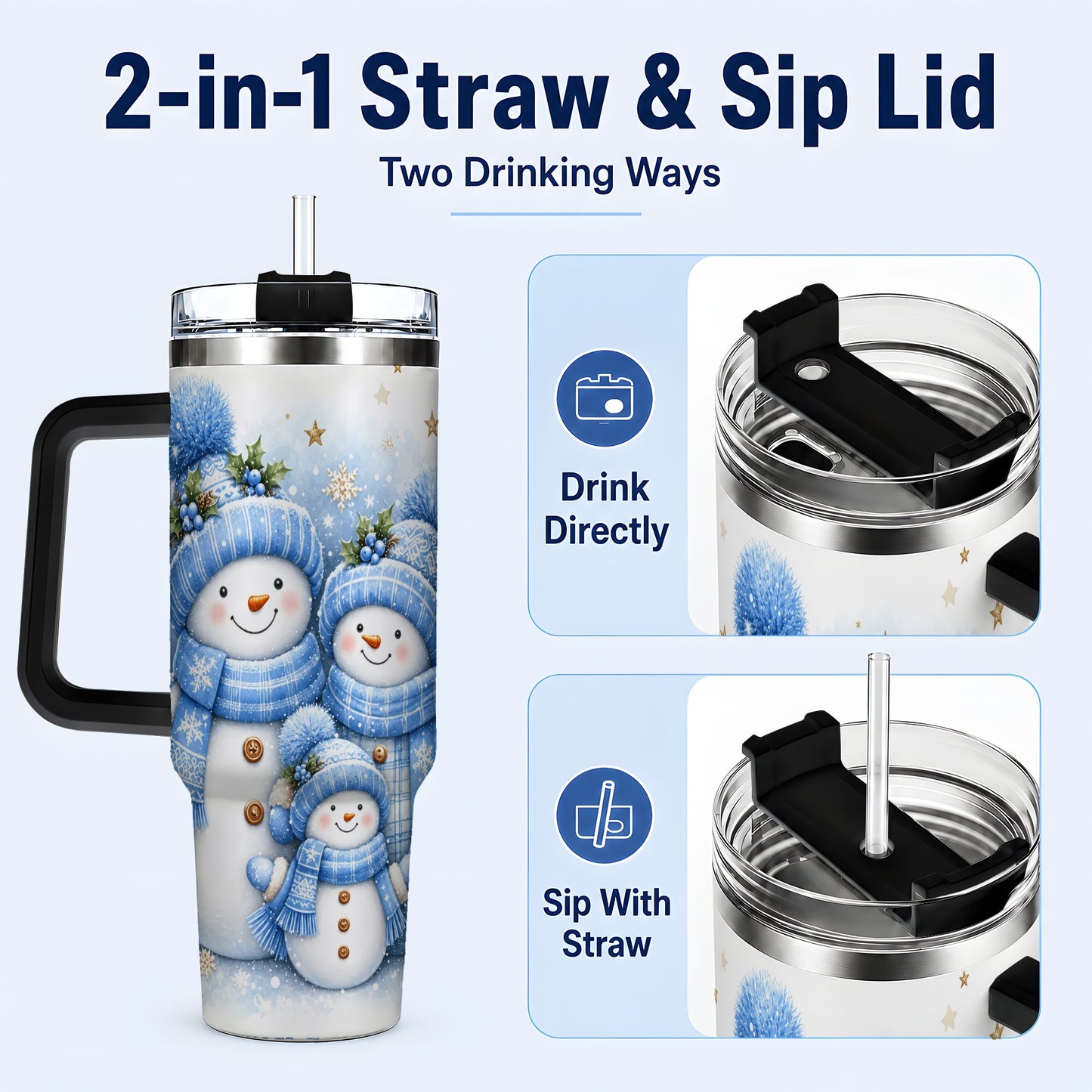 #pl[40oz|Black] Snowman Family 40oz Tumbler with Handle, Winter Stainless Steel Cup