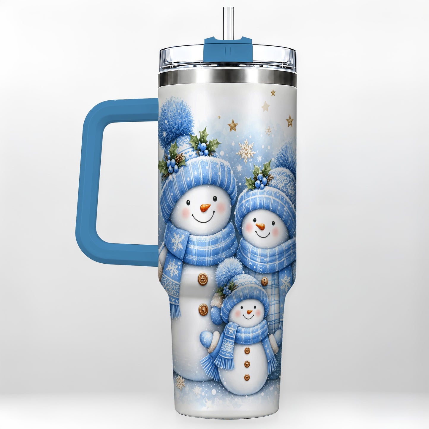 #pl[40oz|Blue] Snowman Family 40oz Tumbler with Handle, Winter Stainless Steel Cup
