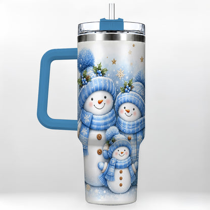 #pl[40oz|Blue] Snowman Family 40oz Tumbler with Handle, Winter Stainless Steel Cup