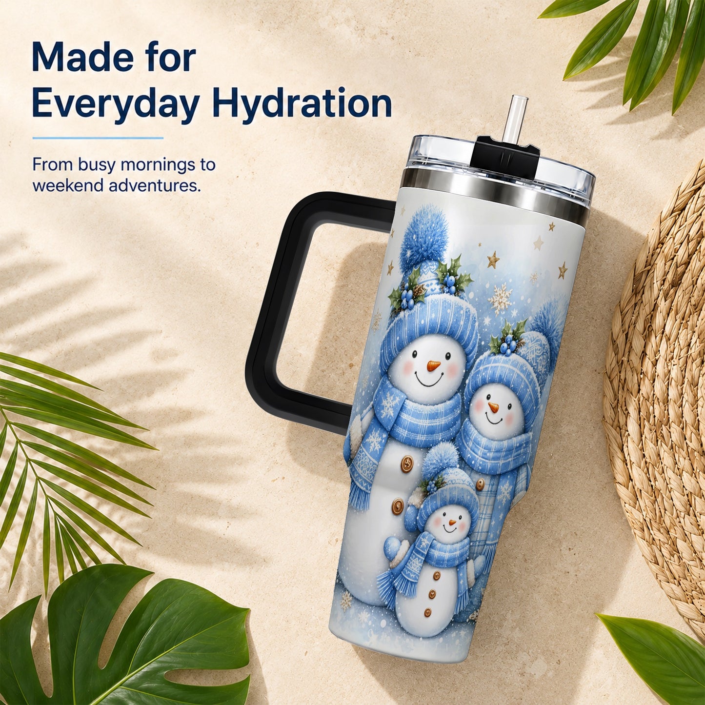 #pl[40oz|Black] Snowman Family 40oz Tumbler with Handle, Winter Stainless Steel Cup