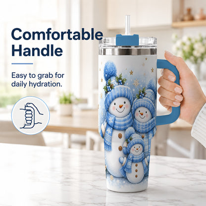 #pl[40oz|Blue] Snowman Family 40oz Tumbler with Handle, Winter Stainless Steel Cup