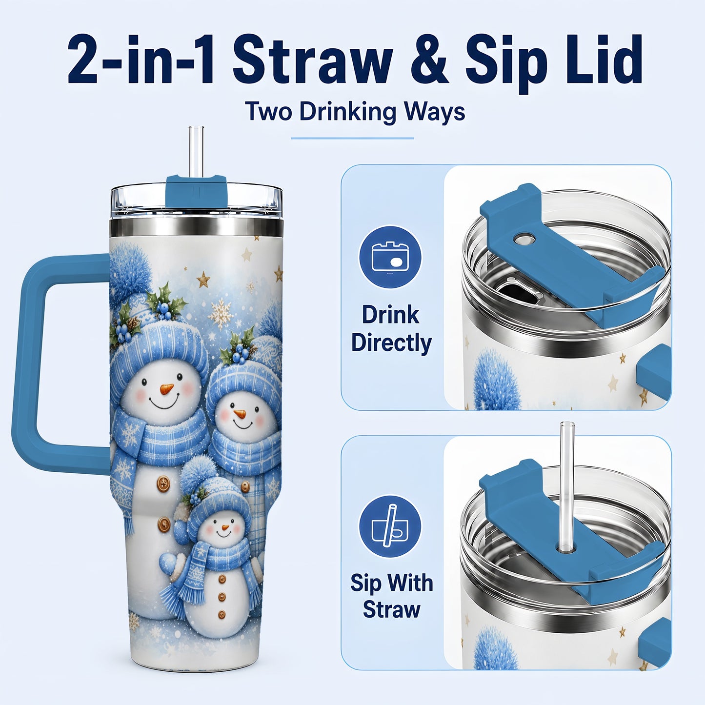 #pl[40oz|Blue] Snowman Family 40oz Tumbler with Handle, Winter Stainless Steel Cup