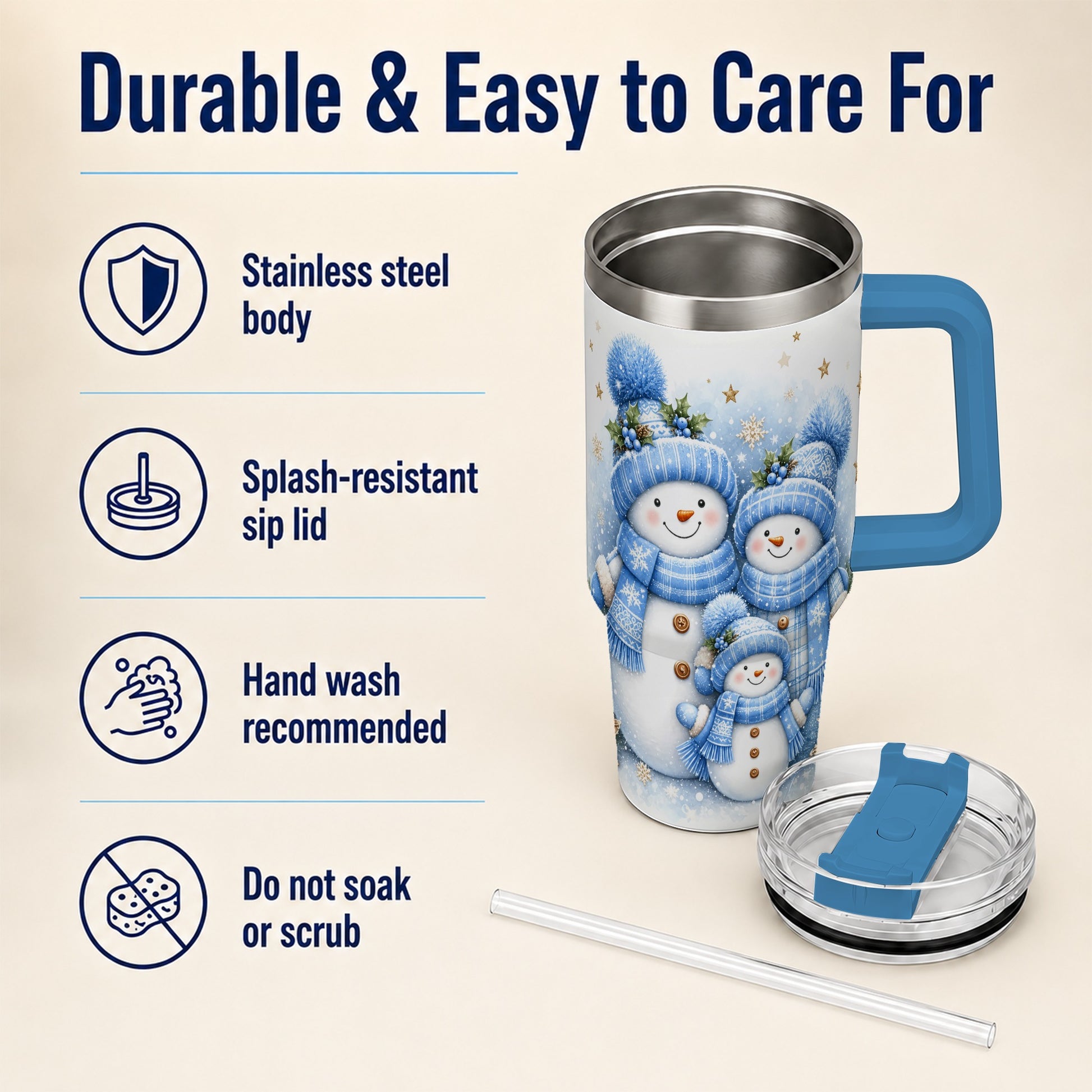 #pl[40oz|Blue] Snowman Family 40oz Tumbler with Handle, Winter Stainless Steel Cup