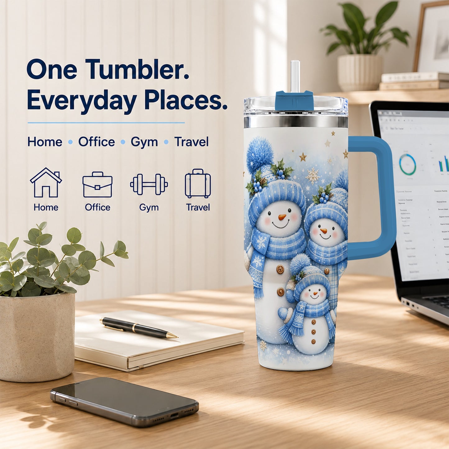 #pl[40oz|Blue] Snowman Family 40oz Tumbler with Handle, Winter Stainless Steel Cup