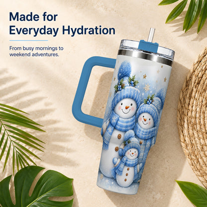 #pl[40oz|Blue] Snowman Family 40oz Tumbler with Handle, Winter Stainless Steel Cup