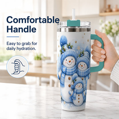 #pl[40oz|Green] Snowman Family 40oz Tumbler with Handle, Winter Stainless Steel Cup