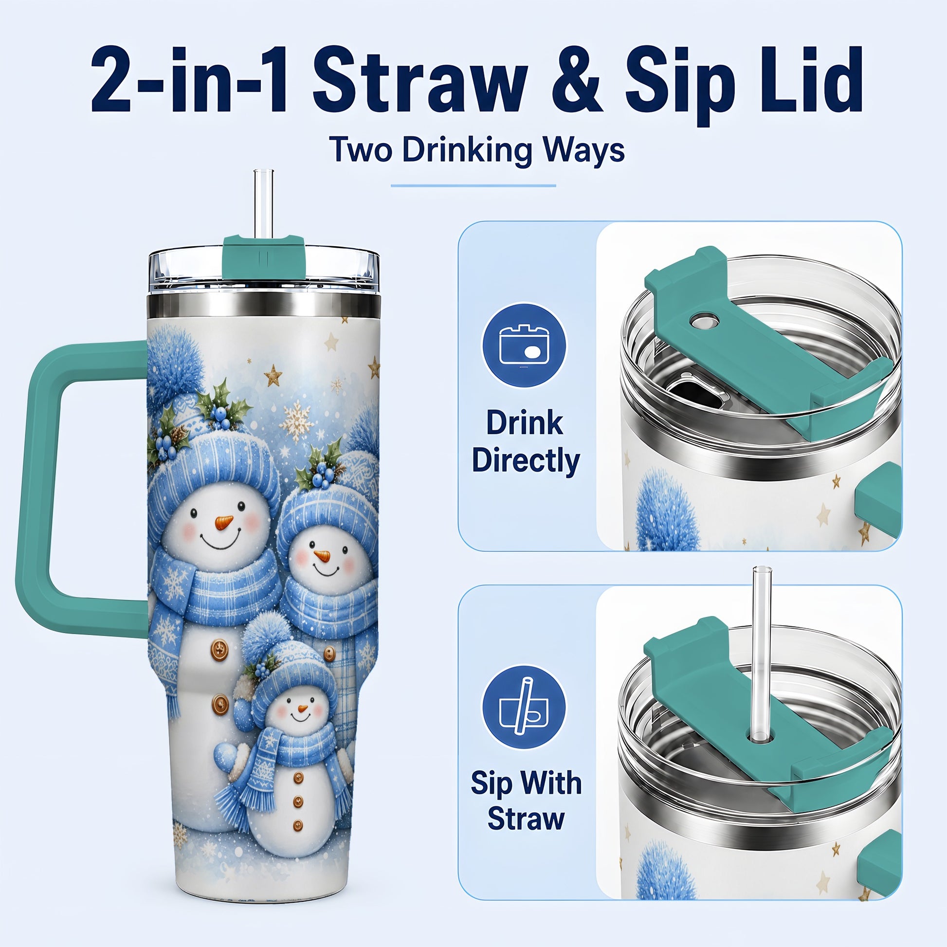 #pl[40oz|Green] Snowman Family 40oz Tumbler with Handle, Winter Stainless Steel Cup