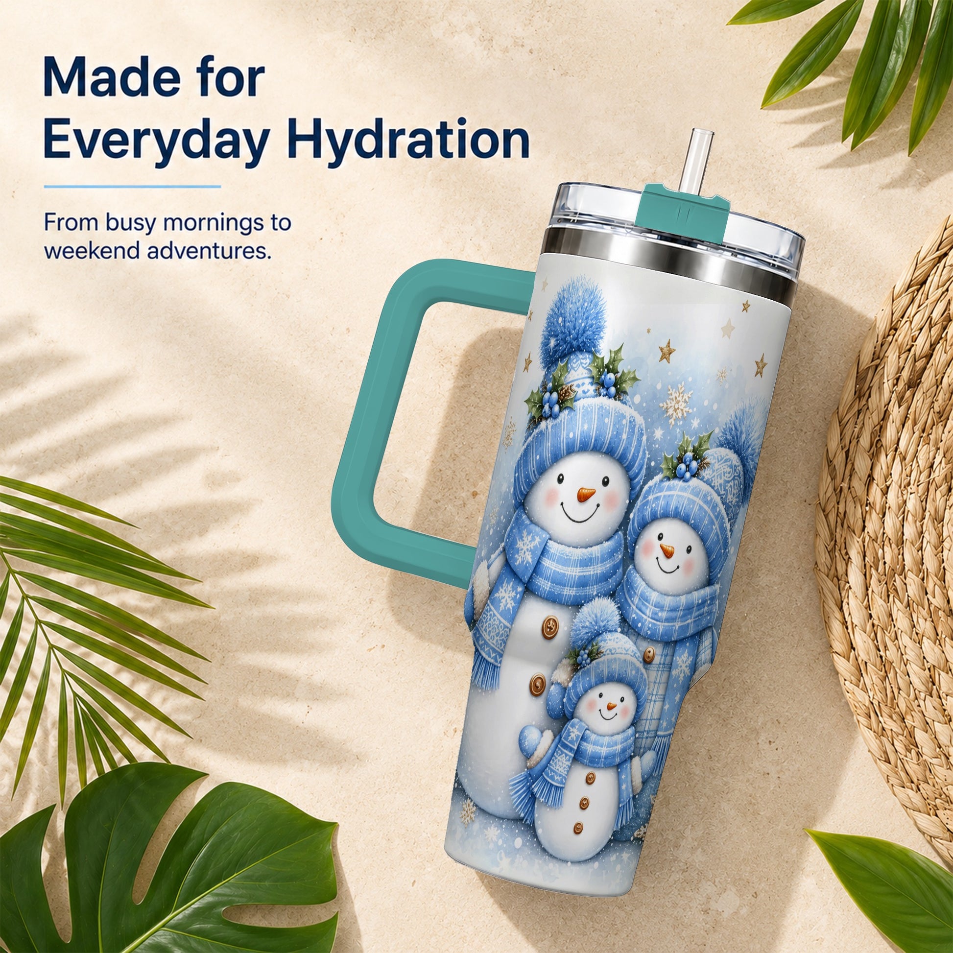 #pl[40oz|Green] Snowman Family 40oz Tumbler with Handle, Winter Stainless Steel Cup