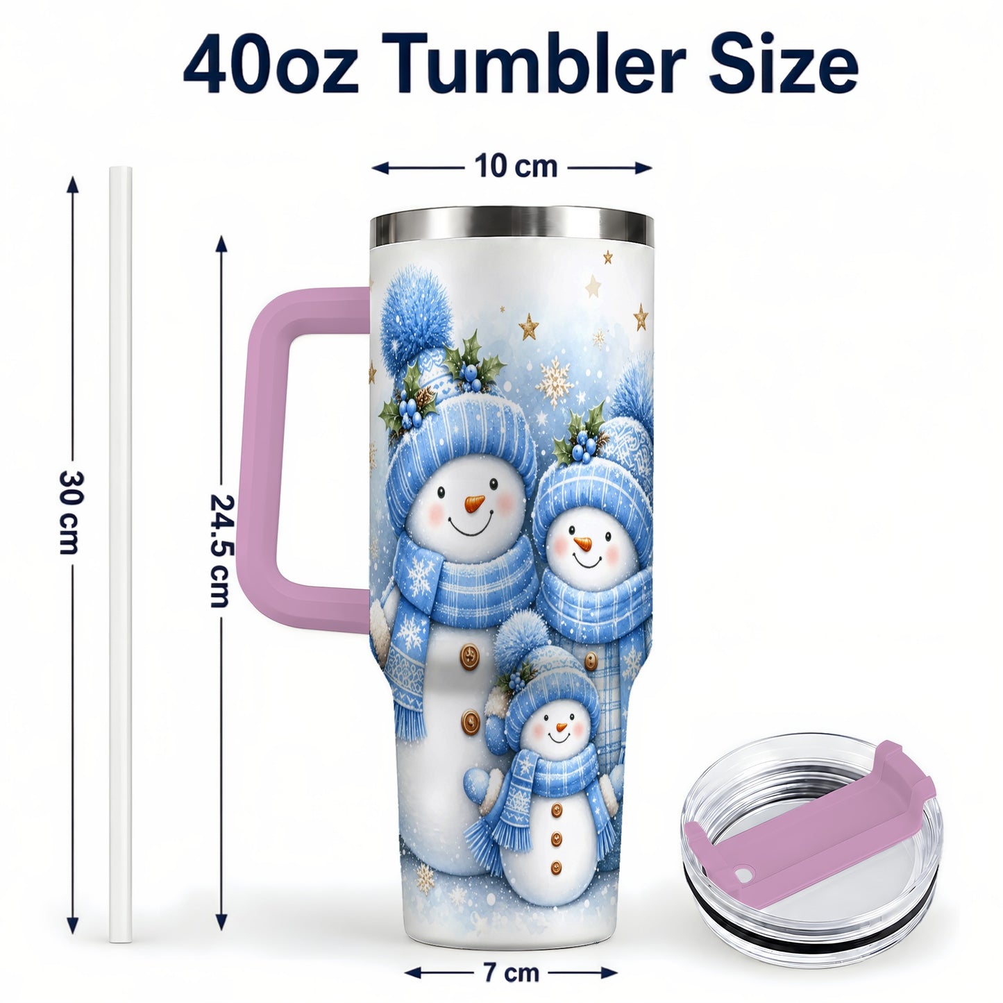 #pl[40oz|Pink] Snowman Family 40oz Tumbler with Handle, Winter Stainless Steel Cup