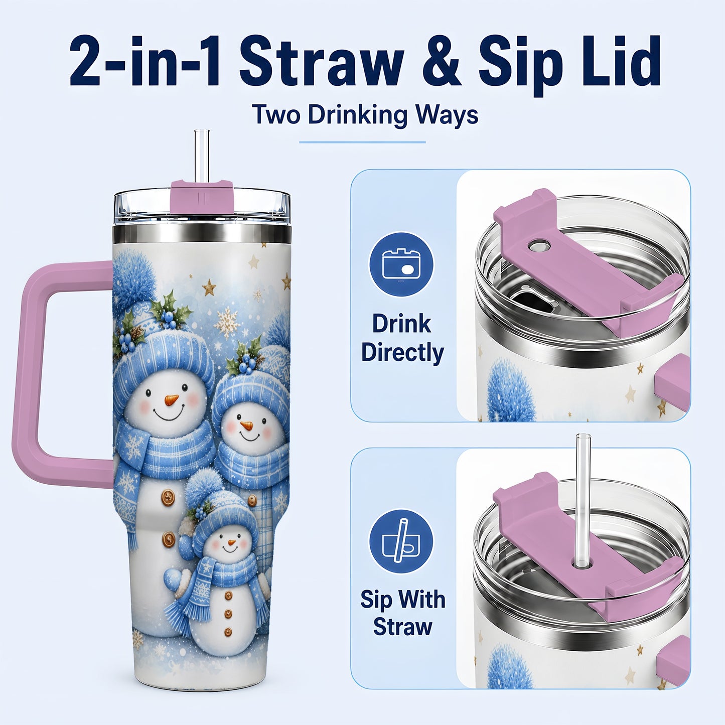 #pl[40oz|Pink] Snowman Family 40oz Tumbler with Handle, Winter Stainless Steel Cup