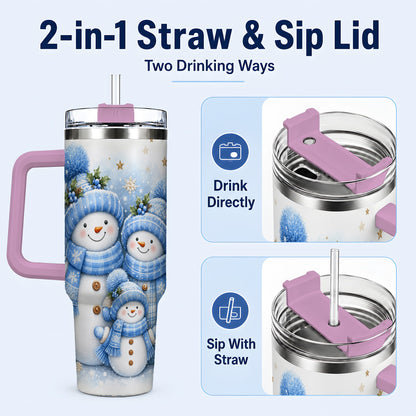 #pl[40oz|Pink] Snowman Family 40oz Tumbler with Handle, Winter Stainless Steel Cup
