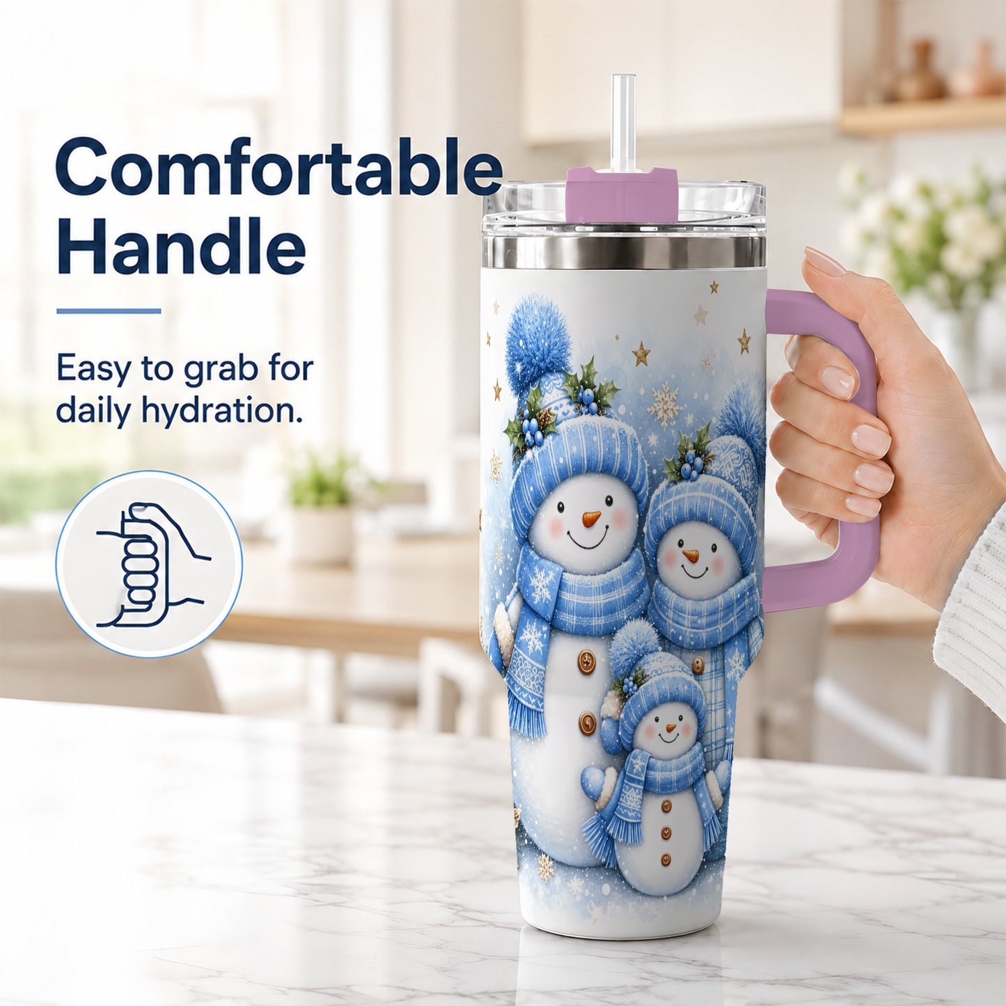 #pl[40oz|Pink] Snowman Family 40oz Tumbler with Handle, Winter Stainless Steel Cup