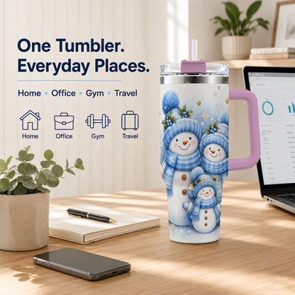 #pl[40oz|Pink] Snowman Family 40oz Tumbler with Handle, Winter Stainless Steel Cup