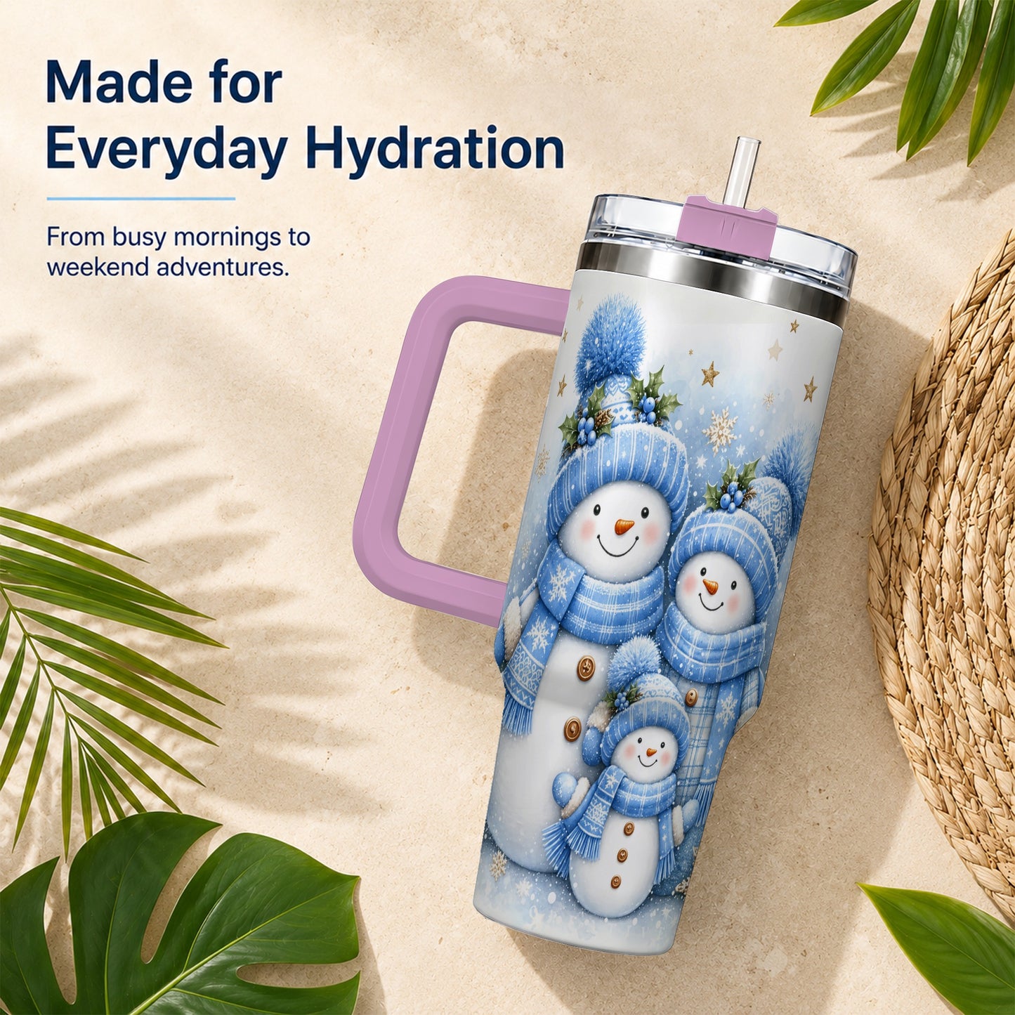 #pl[40oz|Pink] Snowman Family 40oz Tumbler with Handle, Winter Stainless Steel Cup