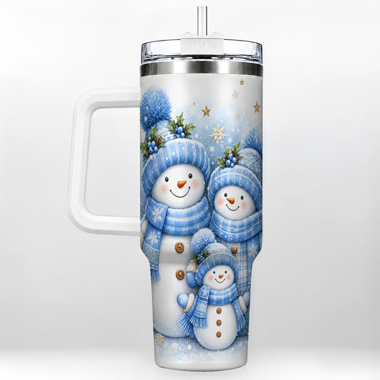 Snowman Family 40oz Tumbler with Handle, Winter Stainless Steel Cup