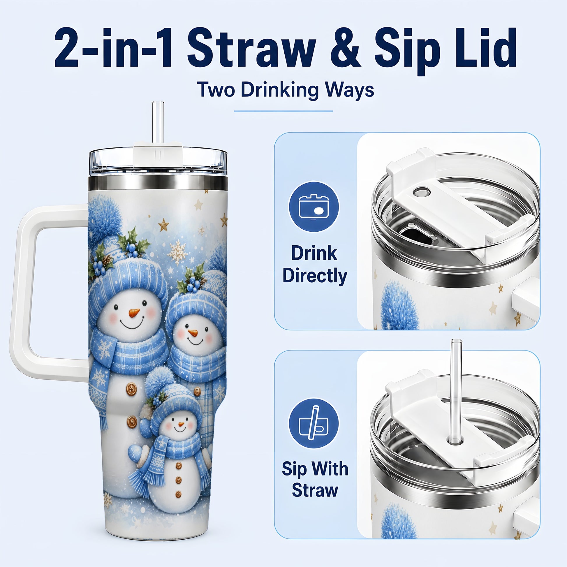 #pl[40oz|White] Snowman Family 40oz Tumbler with Handle, Winter Stainless Steel Cup