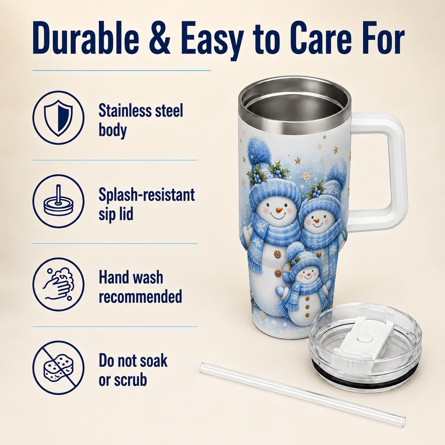 #pl[40oz|White] Snowman Family 40oz Tumbler with Handle, Winter Stainless Steel Cup