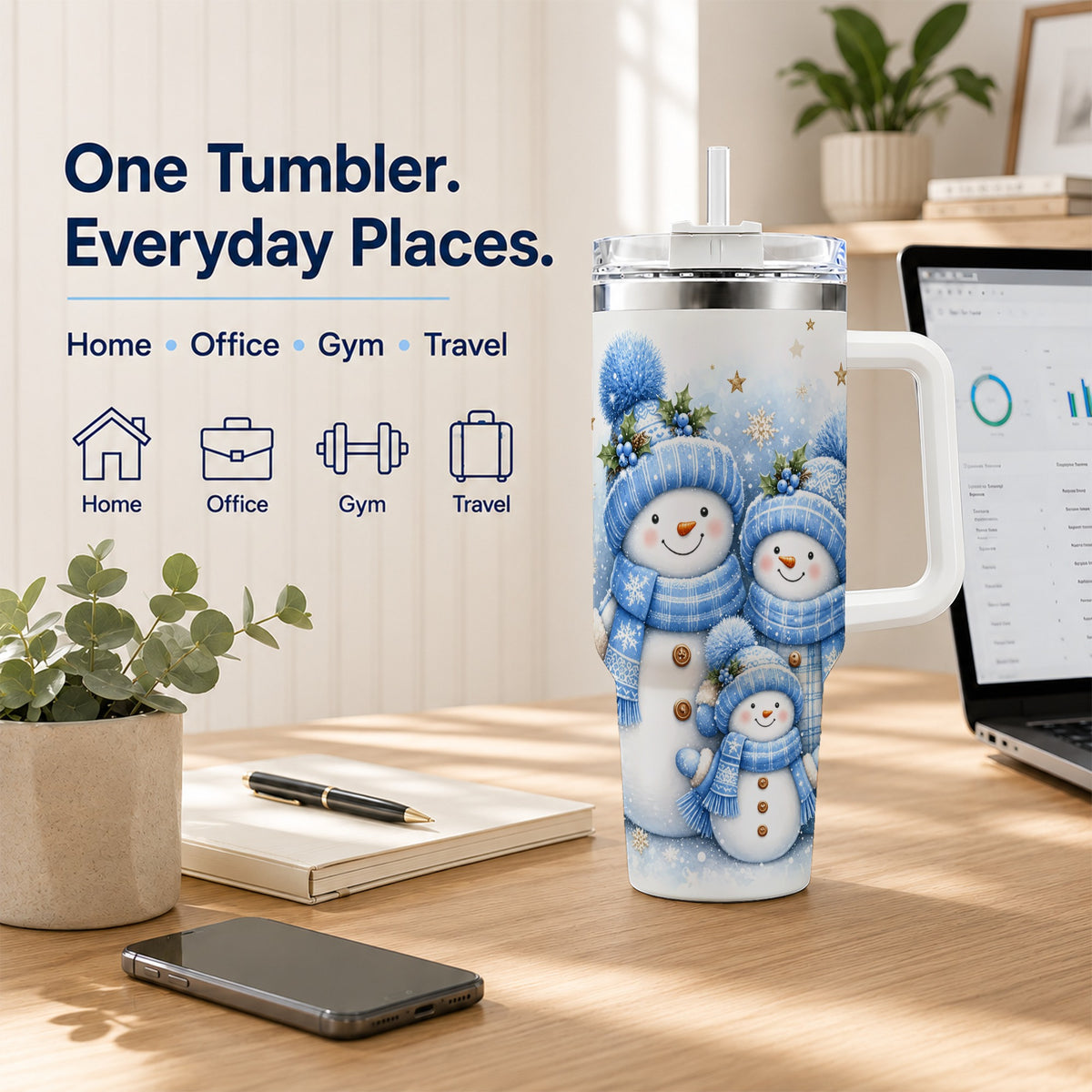 #pl[40oz|White] Snowman Family 40oz Tumbler with Handle, Winter Stainless Steel Cup