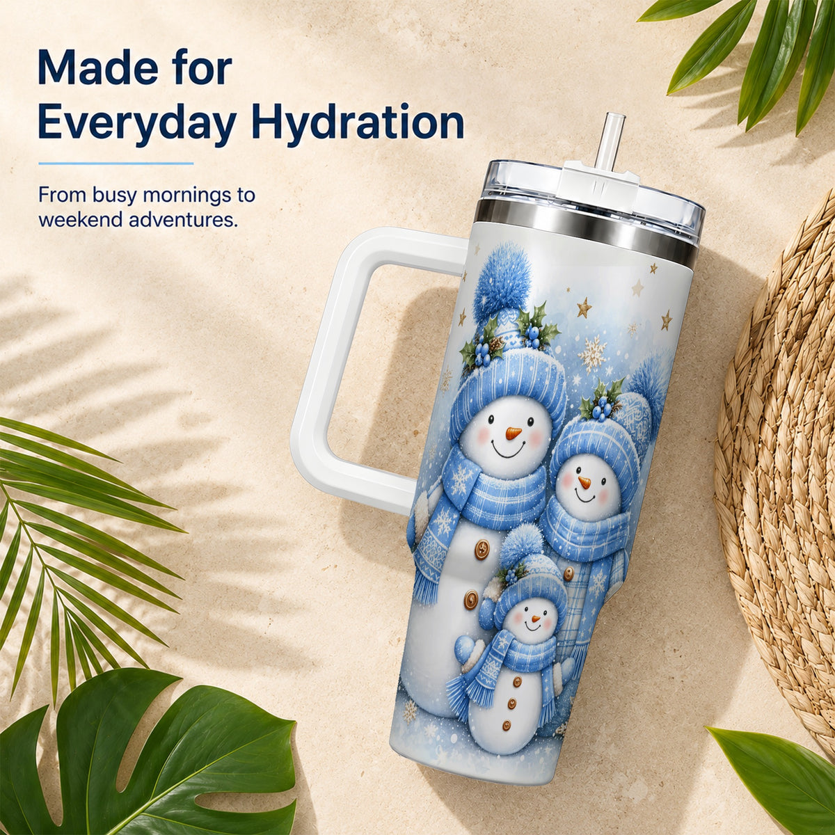 #pl[40oz|White] Snowman Family 40oz Tumbler with Handle, Winter Stainless Steel Cup