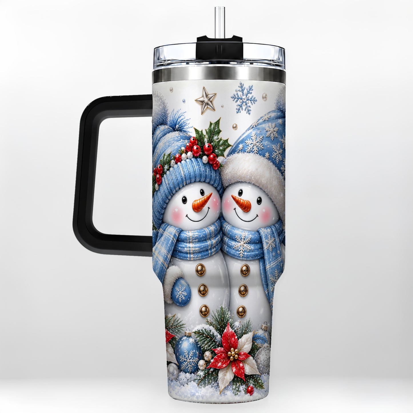 #pl[40oz|Black] Snowman Couple 40oz Tumbler with Handle, Winter Stainless Steel Cup