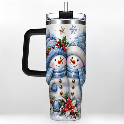 #pl[40oz|Black] Snowman Couple 40oz Tumbler with Handle, Winter Stainless Steel Cup