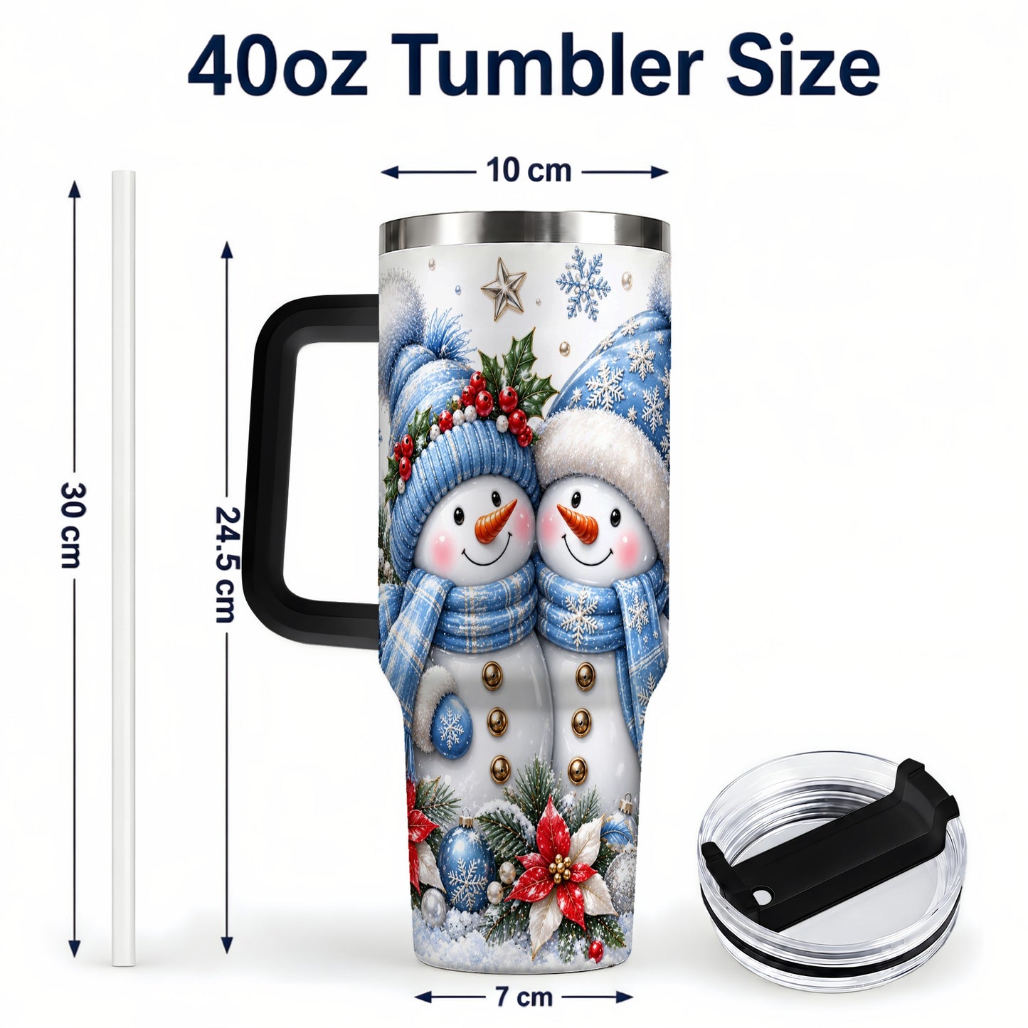 #pl[40oz|Black] Snowman Couple 40oz Tumbler with Handle, Winter Stainless Steel Cup