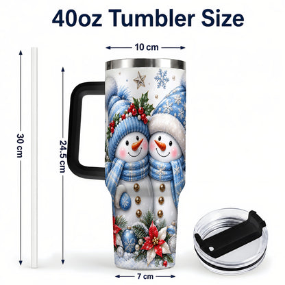 #pl[40oz|Black] Snowman Couple 40oz Tumbler with Handle, Winter Stainless Steel Cup