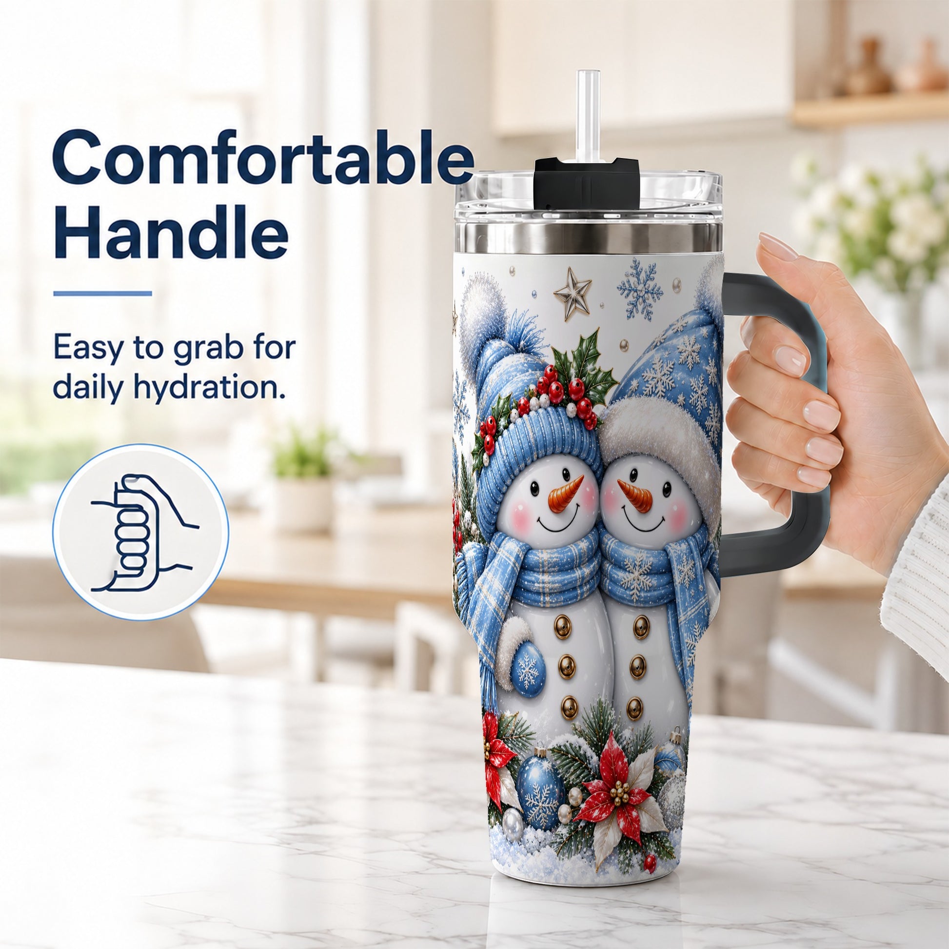 #pl[40oz|Black] Snowman Couple 40oz Tumbler with Handle, Winter Stainless Steel Cup