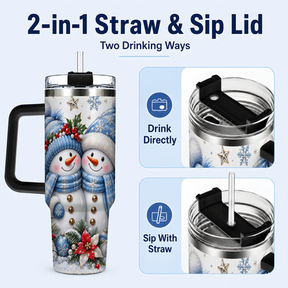 #pl[40oz|Black] Snowman Couple 40oz Tumbler with Handle, Winter Stainless Steel Cup