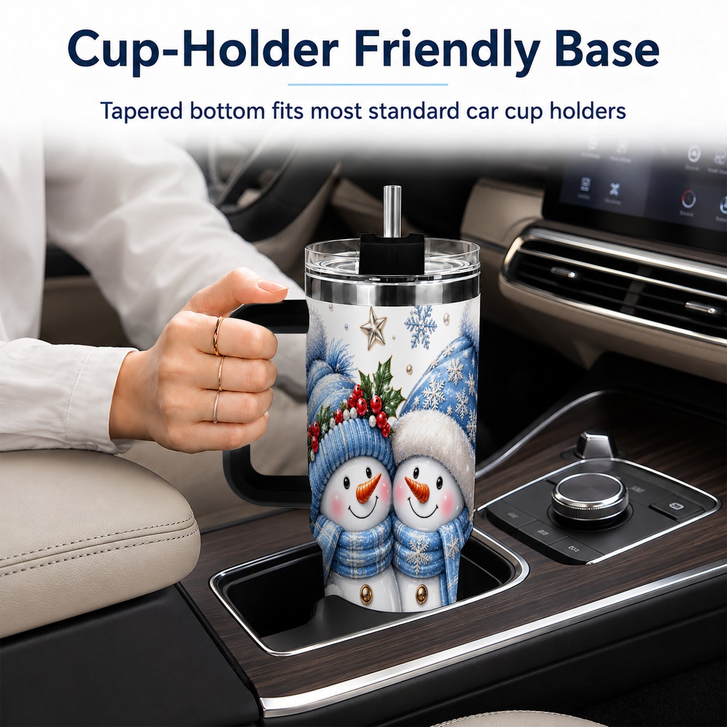 #pl[40oz|Black] Snowman Couple 40oz Tumbler with Handle, Winter Stainless Steel Cup