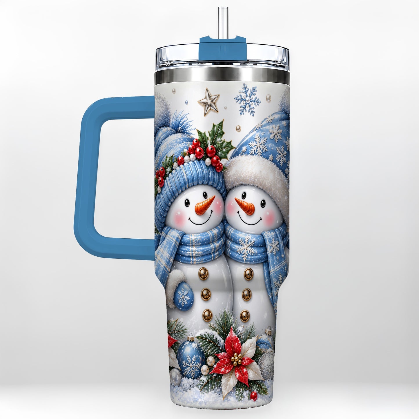 #pl[40oz|Blue] Snowman Couple 40oz Tumbler with Handle, Winter Stainless Steel Cup