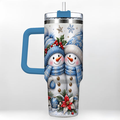 #pl[40oz|Blue] Snowman Couple 40oz Tumbler with Handle, Winter Stainless Steel Cup