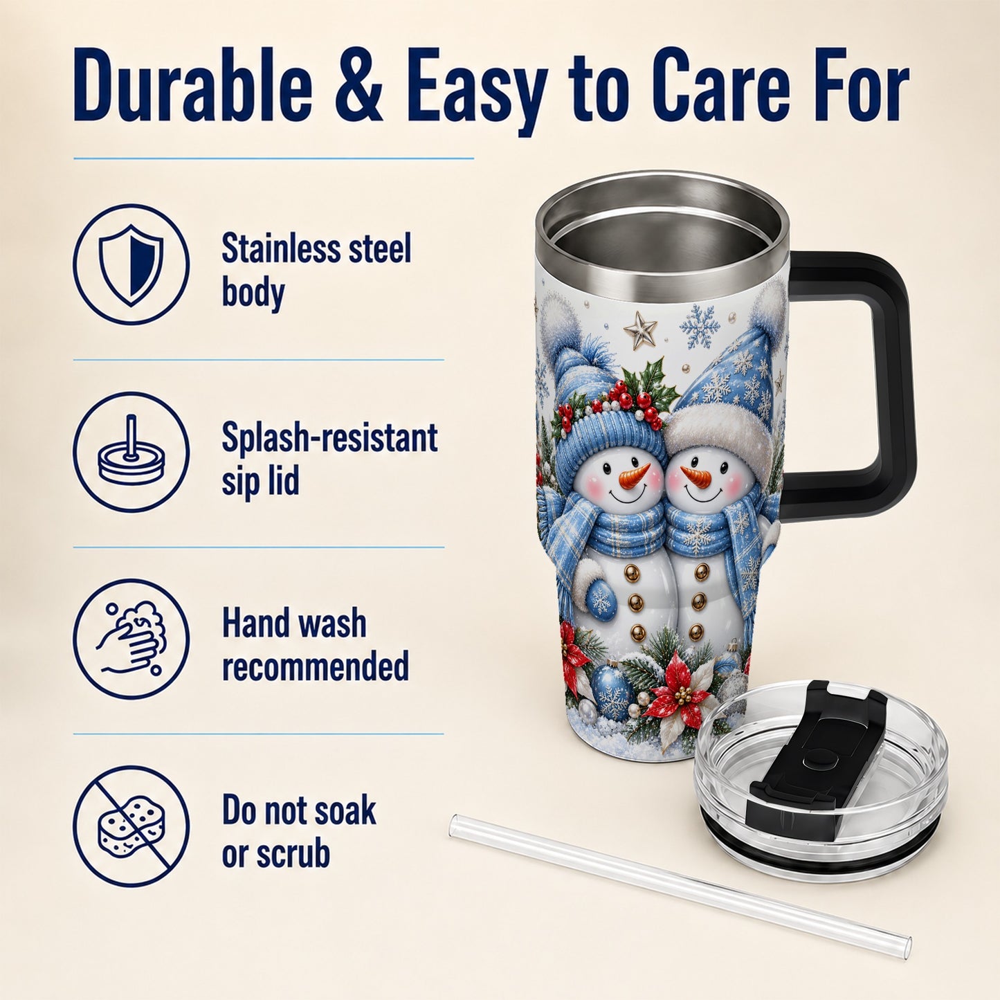 #pl[40oz|Black] Snowman Couple 40oz Tumbler with Handle, Winter Stainless Steel Cup