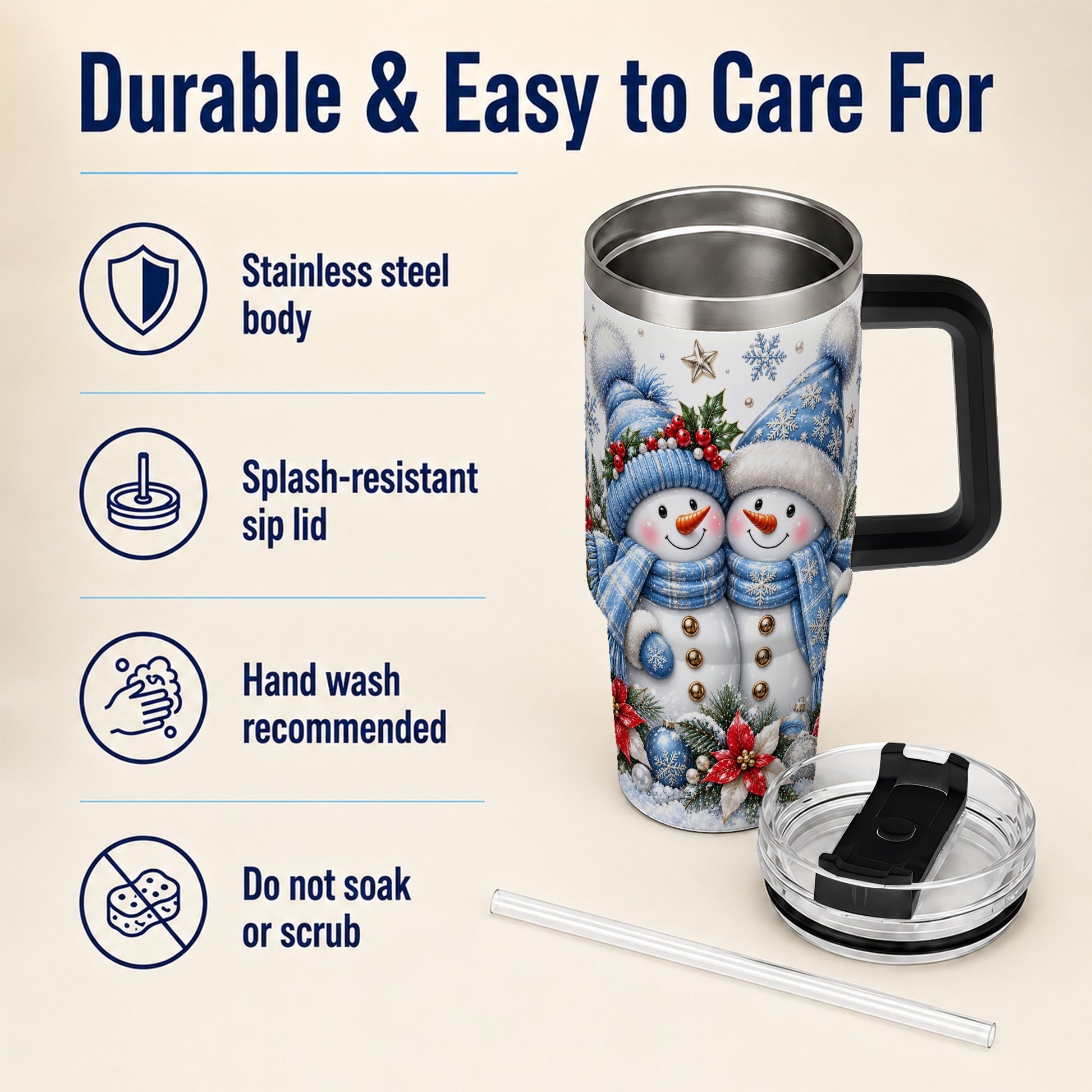 #pl[40oz|Black] Snowman Couple 40oz Tumbler with Handle, Winter Stainless Steel Cup