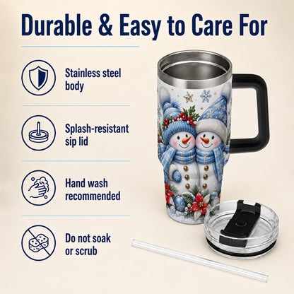 #pl[40oz|Black] Snowman Couple 40oz Tumbler with Handle, Winter Stainless Steel Cup