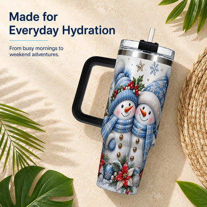 #pl[40oz|Black] Snowman Couple 40oz Tumbler with Handle, Winter Stainless Steel Cup