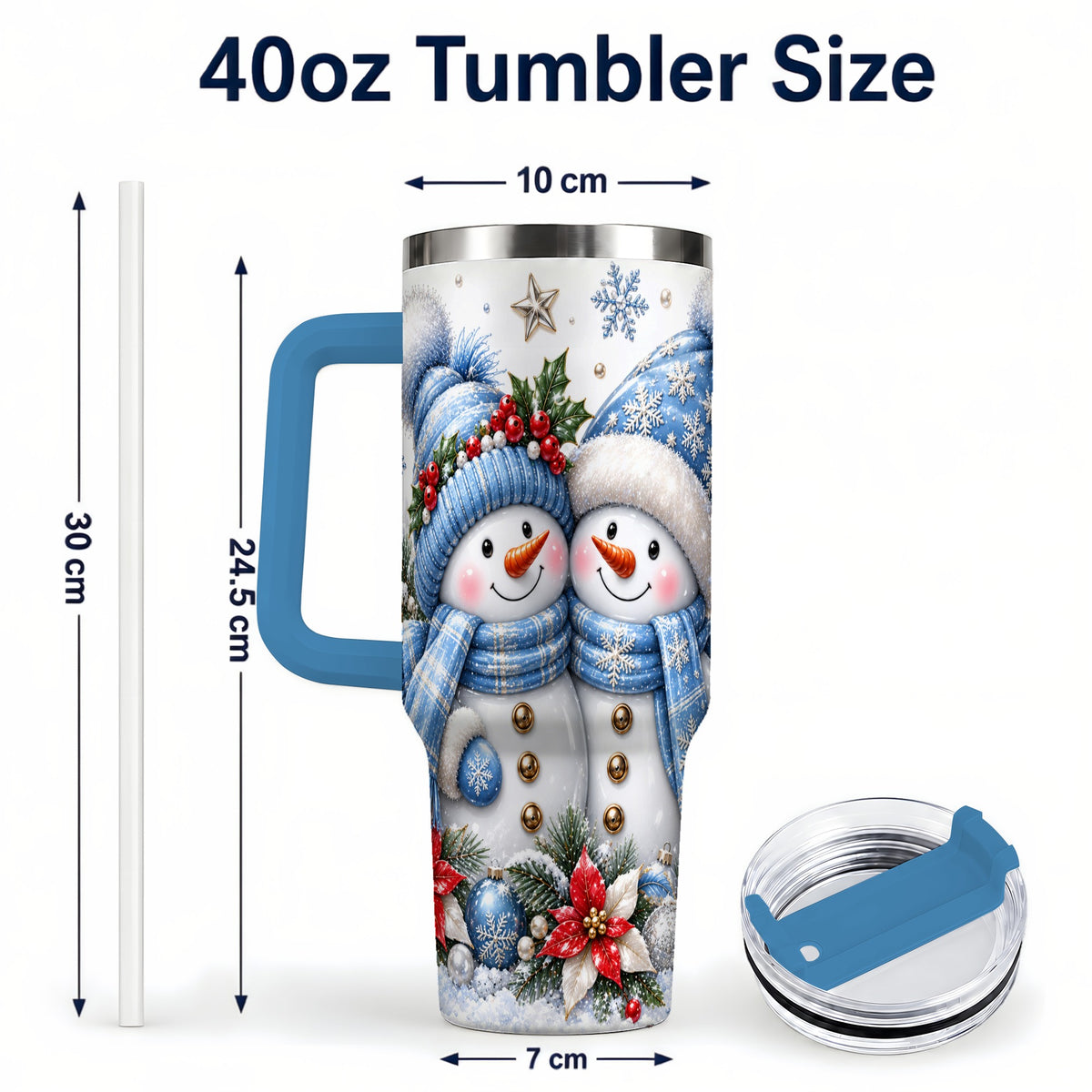 #pl[40oz|Blue] Snowman Couple 40oz Tumbler with Handle, Winter Stainless Steel Cup