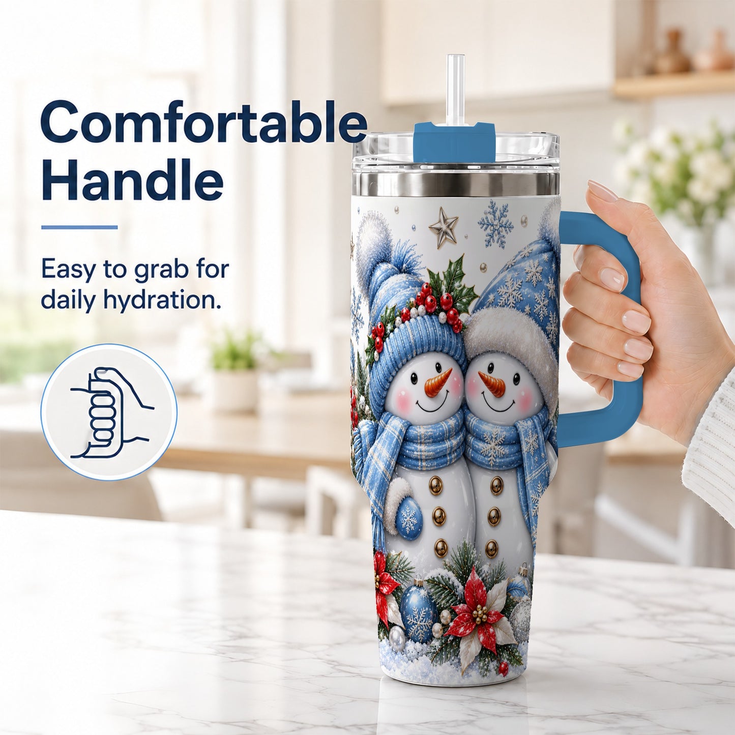 #pl[40oz|Blue] Snowman Couple 40oz Tumbler with Handle, Winter Stainless Steel Cup