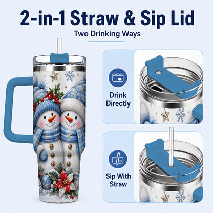 #pl[40oz|Blue] Snowman Couple 40oz Tumbler with Handle, Winter Stainless Steel Cup