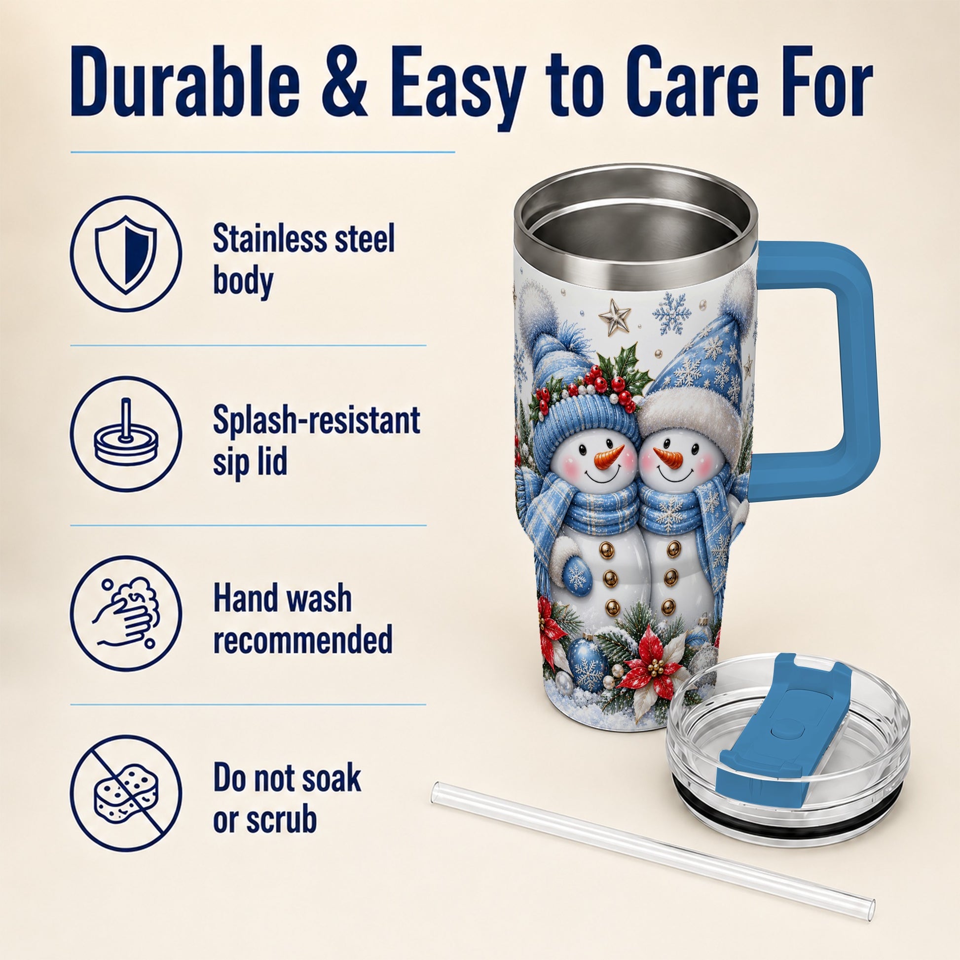 #pl[40oz|Blue] Snowman Couple 40oz Tumbler with Handle, Winter Stainless Steel Cup