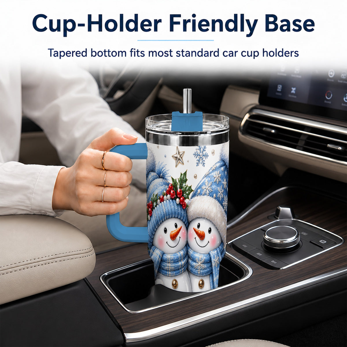 #pl[40oz|Blue] Snowman Couple 40oz Tumbler with Handle, Winter Stainless Steel Cup
