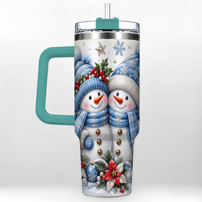 #pl[40oz|Green] Snowman Couple 40oz Tumbler with Handle, Winter Stainless Steel Cup