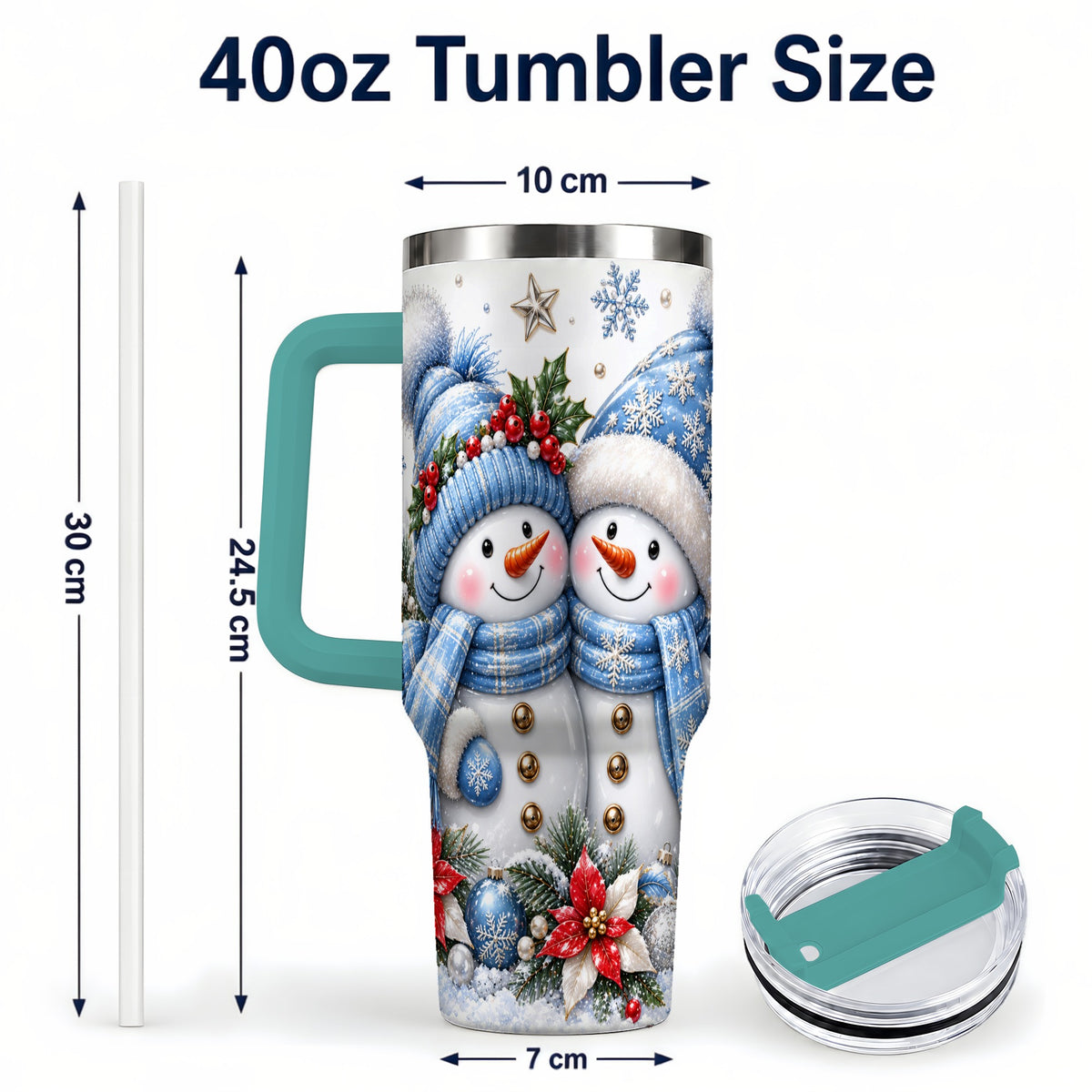 #pl[40oz|Green] Snowman Couple 40oz Tumbler with Handle, Winter Stainless Steel Cup