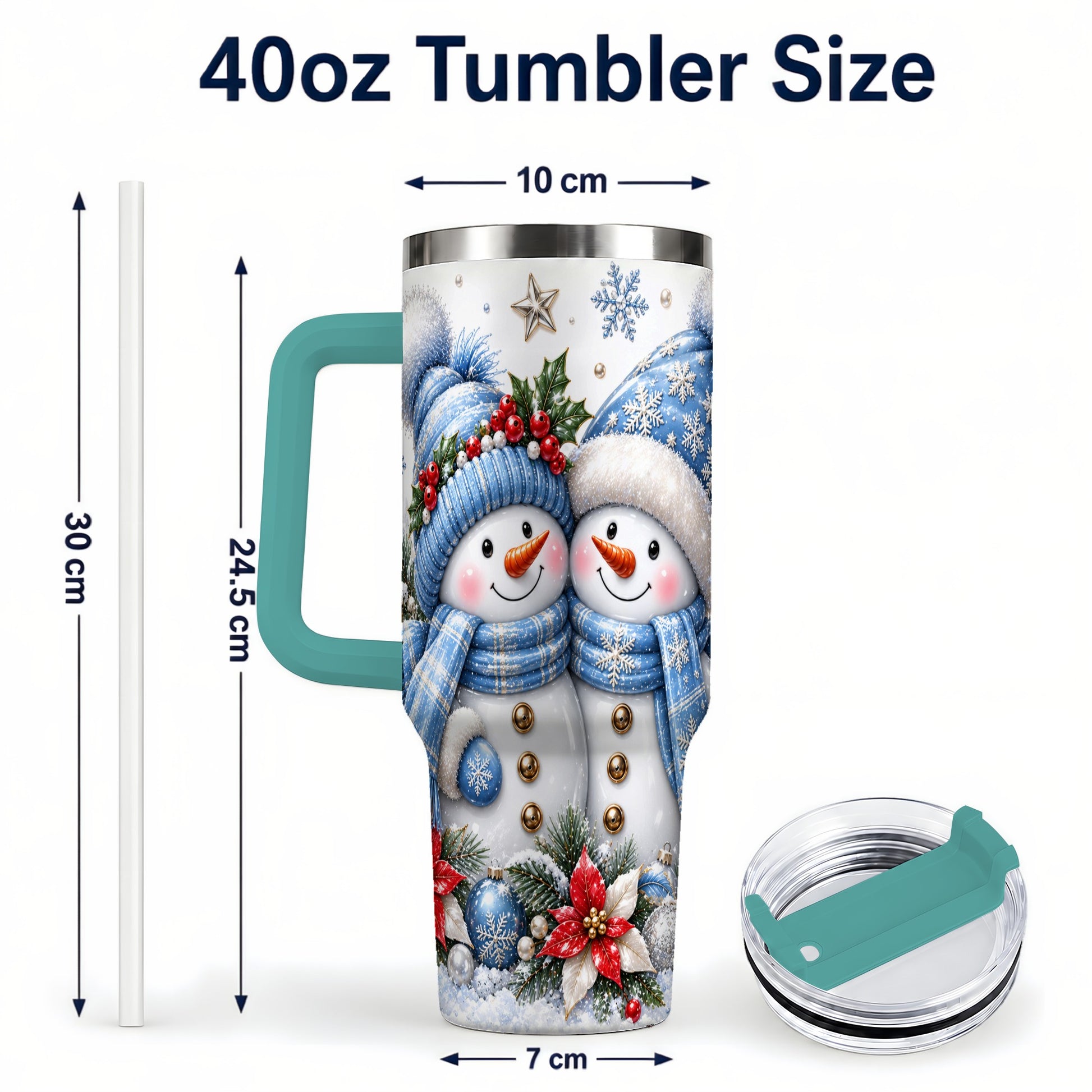 #pl[40oz|Green] Snowman Couple 40oz Tumbler with Handle, Winter Stainless Steel Cup