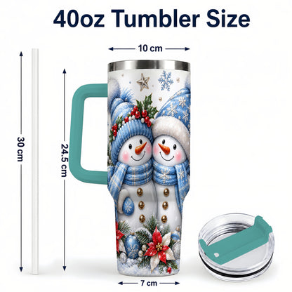 #pl[40oz|Green] Snowman Couple 40oz Tumbler with Handle, Winter Stainless Steel Cup