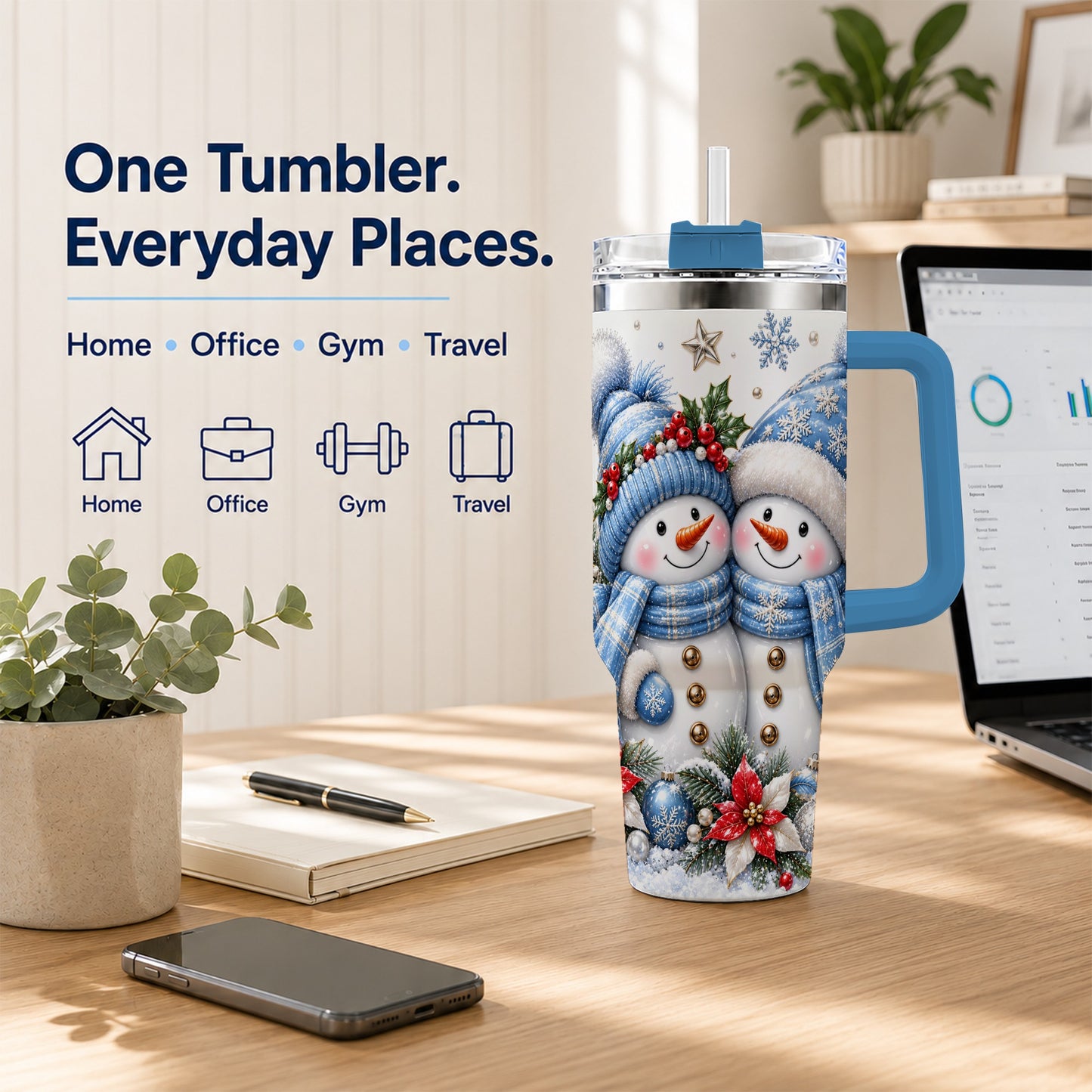 #pl[40oz|Blue] Snowman Couple 40oz Tumbler with Handle, Winter Stainless Steel Cup