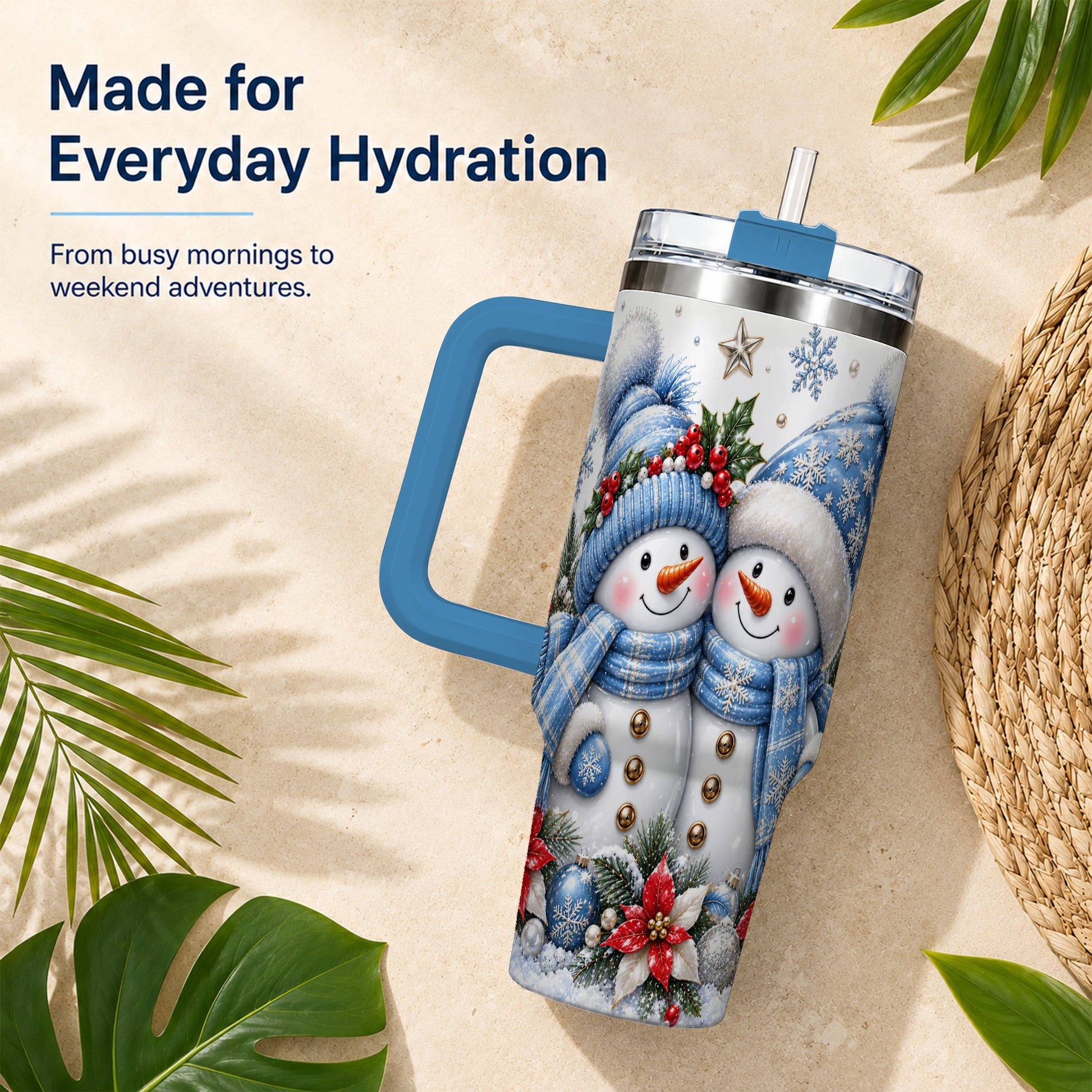 #pl[40oz|Blue] Snowman Couple 40oz Tumbler with Handle, Winter Stainless Steel Cup